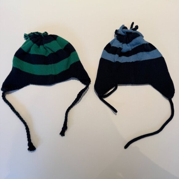 Set of 2 Navy Blue, Light Blue & Green Striped Cotton Knit Baby Kids Earflap Hat - Picture 4 of 4